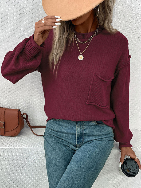 Pockets Solid Color Split-Joint Long Sleeves Loose Round-Neck Sweater Tops Pullovers