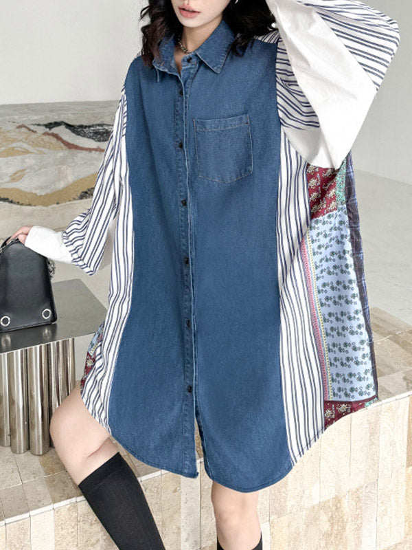 Buttoned Contrast Color Pockets Split-Joint Striped Long Sleeves Loose Lapel Blouses&Shirts Tops