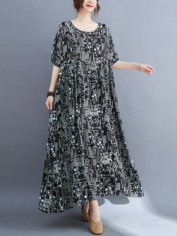 Vacation Loose Short Sleeves Floral Printed Contrast Color Round-Neck Midi Dresses