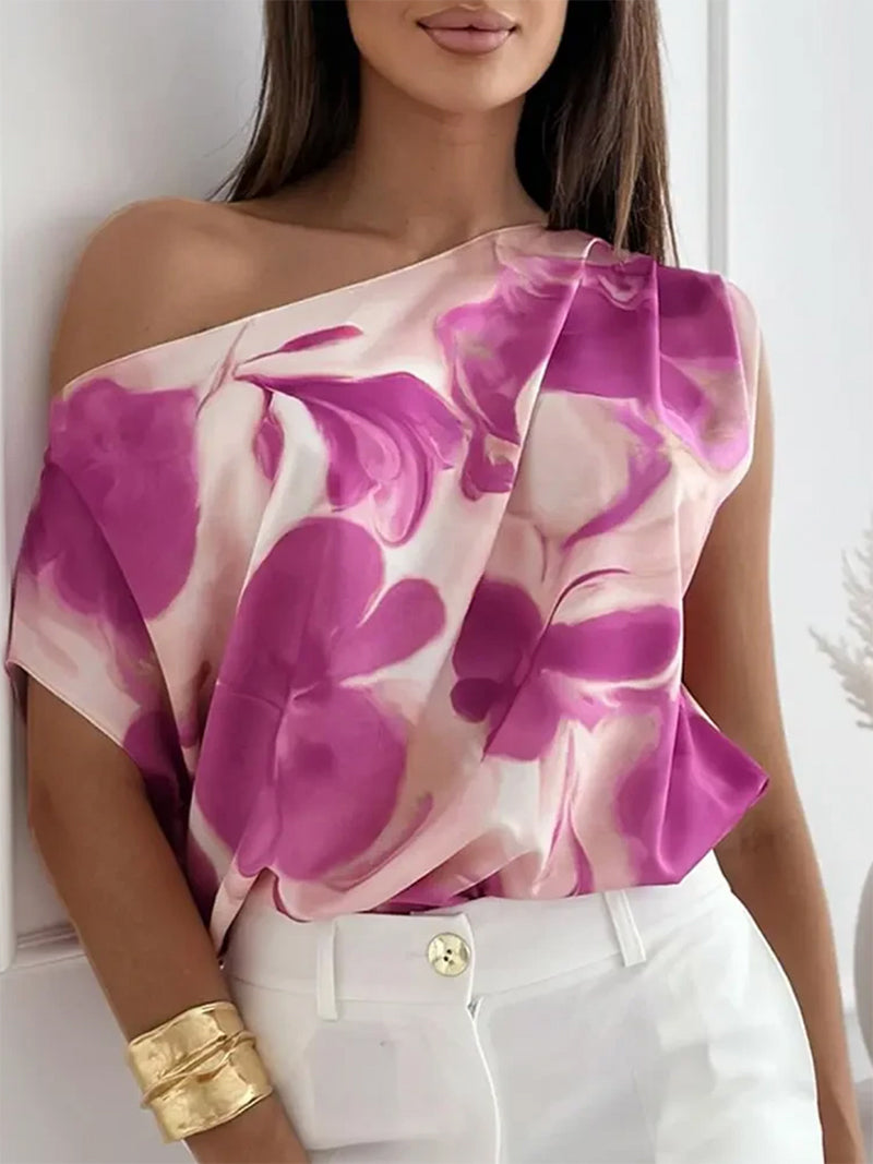 Flower Print Loose Short Sleeves One-shoulder Blouses&shirts Tops