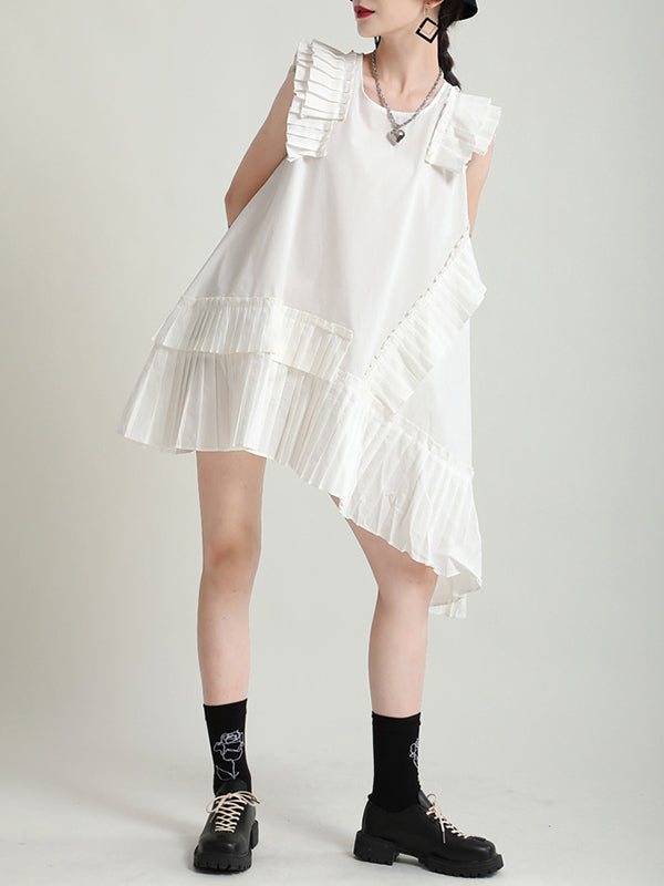 Asymmetric Pleated Solid Color Split-Joint Flying Sleeves Loose Round-Neck Midi Dresses