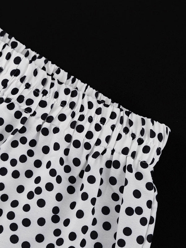 Polka-Dot Long Sleeves Loose Buttoned Contrast Color Pockets Lapel Blouses Tops + Pants Bottom Two Pieces Set