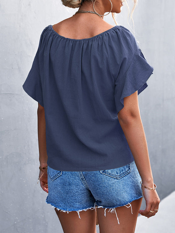 Elasticity Falbala Pleated Solid Color Tied Loose Short Sleeves Round-Neck T-Shirts Tops