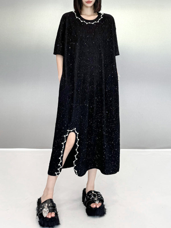 Asymmetric Beaded Shiny Split-Joint Loose Short Sleeves Round-neck Midi Dresses