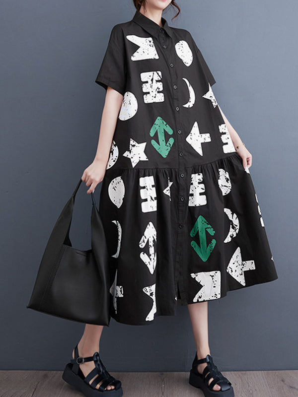 Buttoned Pleated Pockets Printed Split-Joint Loose Short Sleeves Lapel Shirt Dress Midi Dresses