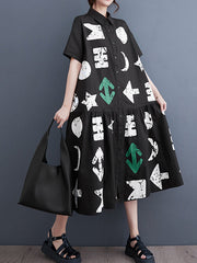 Buttoned Pleated Pockets Printed Split-Joint Loose Short Sleeves Lapel Shirt Dress Midi Dresses