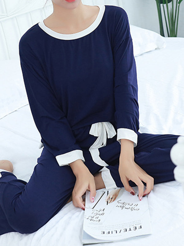 Contrast Color Long Sleeves Loose Round-neck Two Pieces Pajama Set