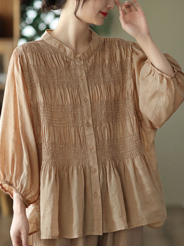 Pleated Solid Color Split-Joint Loose Three-Quarter Sleeves Stand Collar Blouses&Shirts Tops