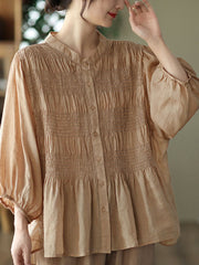Pleated Solid Color Split-Joint Loose Three-Quarter Sleeves Stand Collar Blouses&Shirts Tops