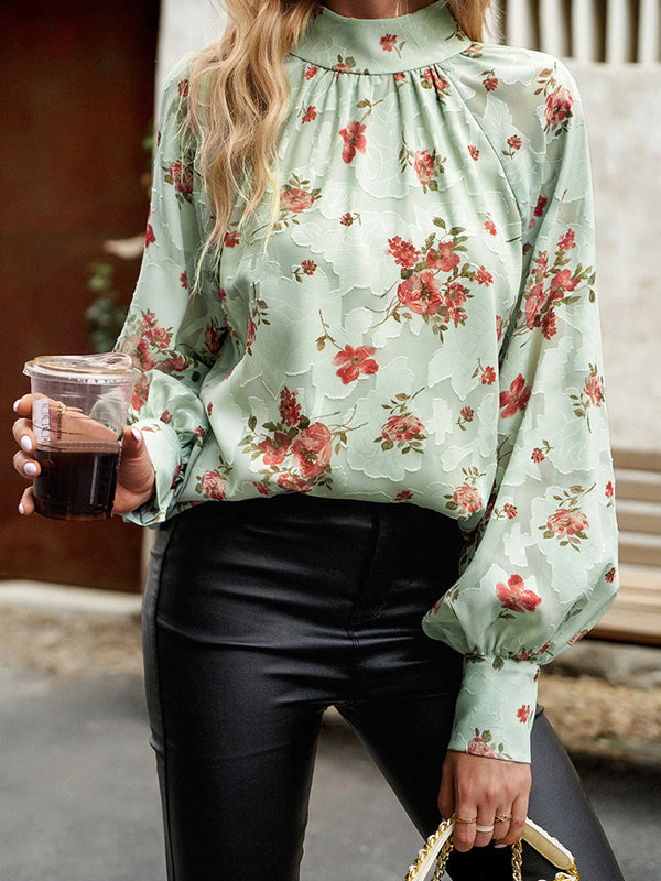 Flower Print Tied Long Sleeves Loose Mock Neck Blouses&Shirts Tops