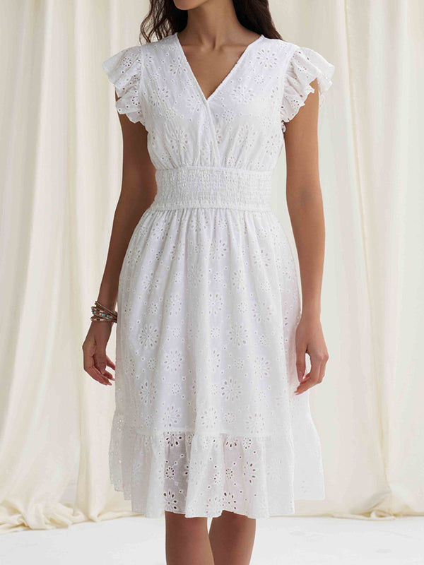 Elasticity Hollow Pleated Solid Color A-Line Loose V-Neck Mini Dresses