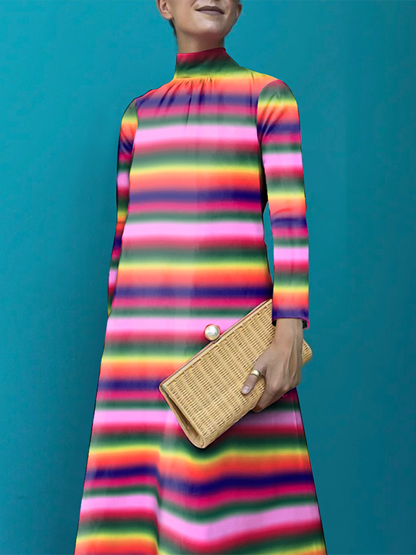 Long Sleeves Loose Contrast Color Striped Stand Collar Maxi Dresses