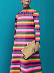 Long Sleeves Loose Contrast Color Striped Stand Collar Maxi Dresses
