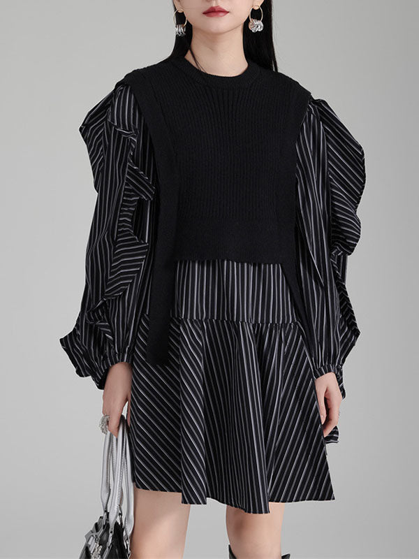 Ruffled Split-Joint Long Sleeves Loose Round-Neck Inner Mini Shirt Dress + Outer Vest Two Pieces Set