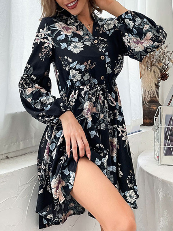 Buttoned Drawstring Elasticity Flower Print A-Line High Waisted V-Neck Mini Dresses