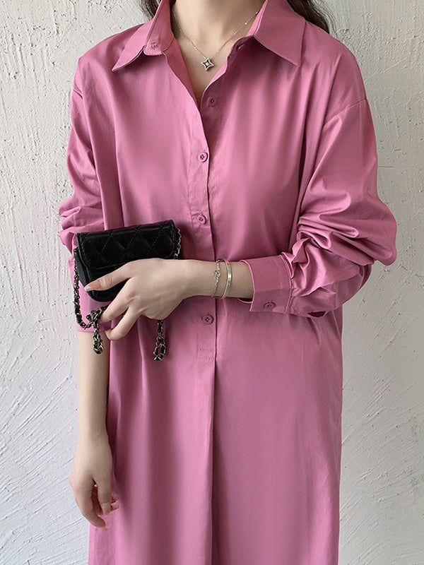 Urban Loose Solid Color Lapel Collar Shirt Midi Dresses