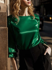Pleated Solid Color Split-Joint Flared Sleeves Long Sleeves Round-Neck T-Shirts Tops