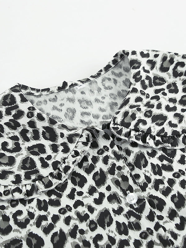 Leopard Printed Split-Joint Loose Puff Sleeves Peter Pan Collar Blouses&Shirts Tops