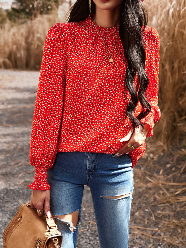 Elasticity Flower Print Ruffled Long Sleeves Loose Mock Neck Blouses&Shirts Tops