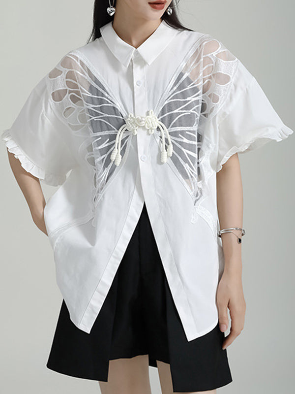 Buttoned Mesh Reversible See-Through Split-back Split-Joint Half Sleeves Loose Lapel Blouses&shirts Tops