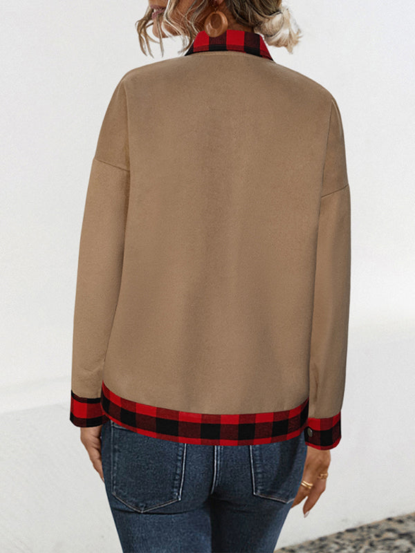 Buttoned Plaid Pockets Split-Joint Long Sleeves Loose Lapel Woolen Coat