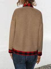 Buttoned Plaid Pockets Split-Joint Long Sleeves Loose Lapel Woolen Coat