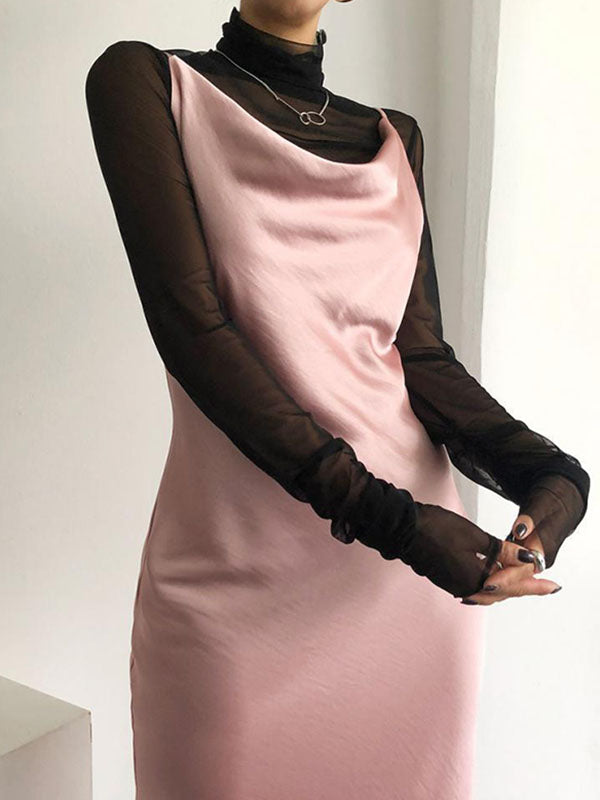 Gauze See-Through Solid Color Long Sleeves Skinny High Neck T-Shirts