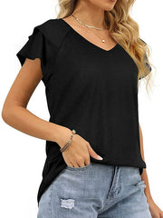 Falbala Solid Color Split-Joint Loose Short Sleeves V-Neck T-Shirts