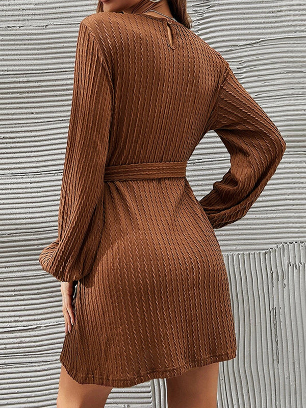 Hollow Solid Color Tied Waist Long Sleeves Loose Round-Neck Mini Dresses