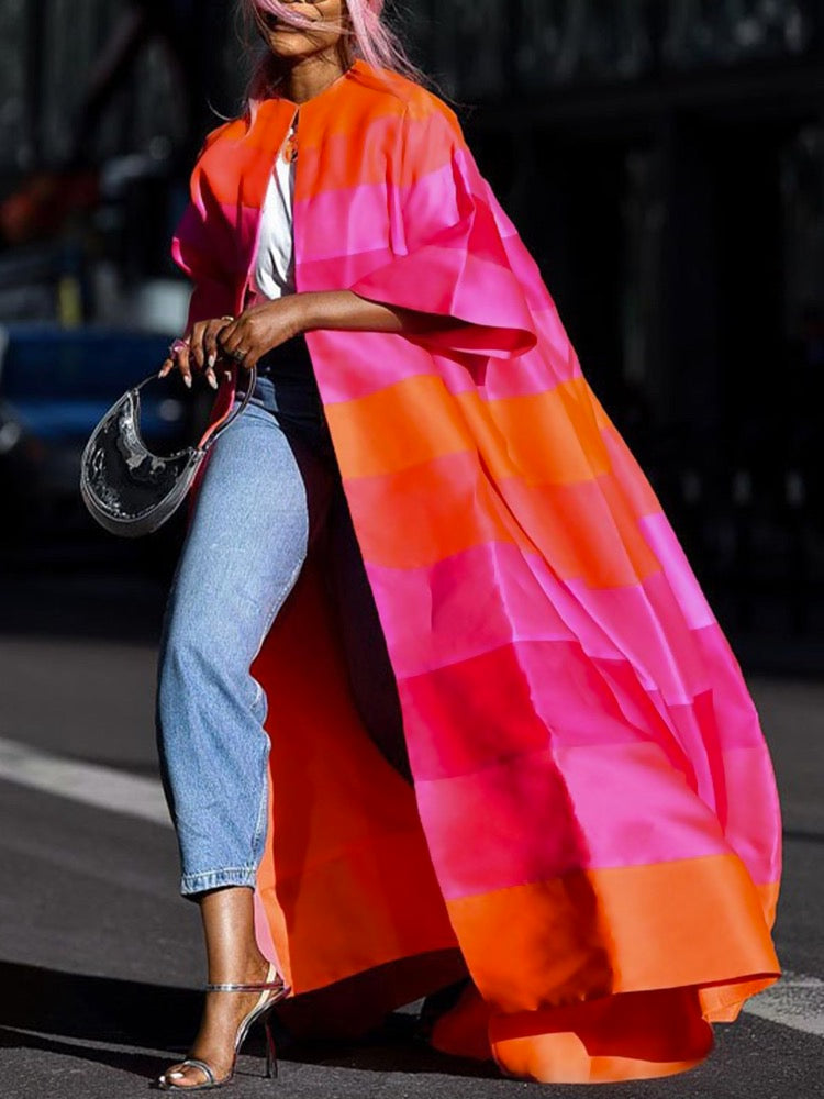 Contrast Color Striped Loose Short Sleeves Outerwear