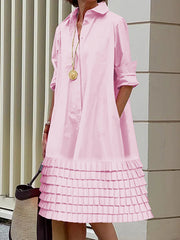 Layered Pleated Pockets Solid Color Split-Joint A-line Long Sleeves Lapel Shirt Dress Midi Dresses