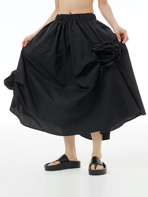Asymmetric Elasticity Solid Color Three-Dimensional Flower Loose Skirts Bottoms