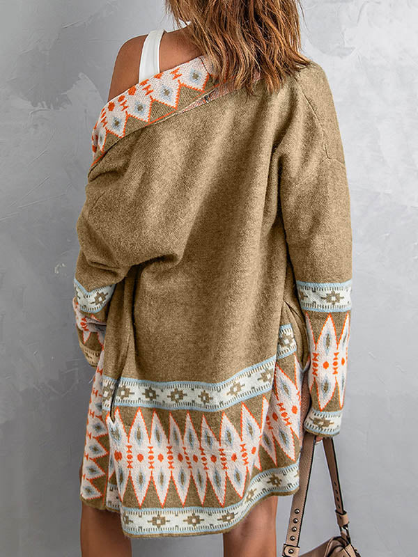 Contrast Color Long Sleeves Loose Collarless Cardigan Tops