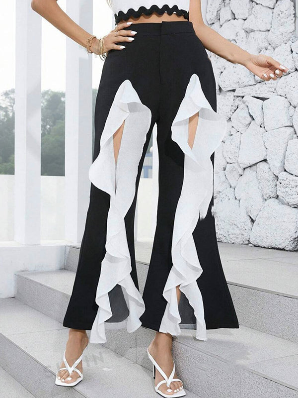 Contrast Color Pleated Split-Front Split-Joint High Waisted Loose Trousers Pants
