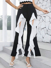 Contrast Color Pleated Split-Front Split-Joint High Waisted Loose Trousers Pants
