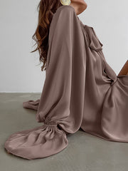 Buttoned Elasticity Pleated Solid Color Tied Zipper A-Line Flared Sleeves Stand Collar Mini Dresses