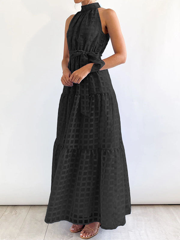 Plaid Ribbed Loose Sleeveless Stand Collar Maxi Dresses