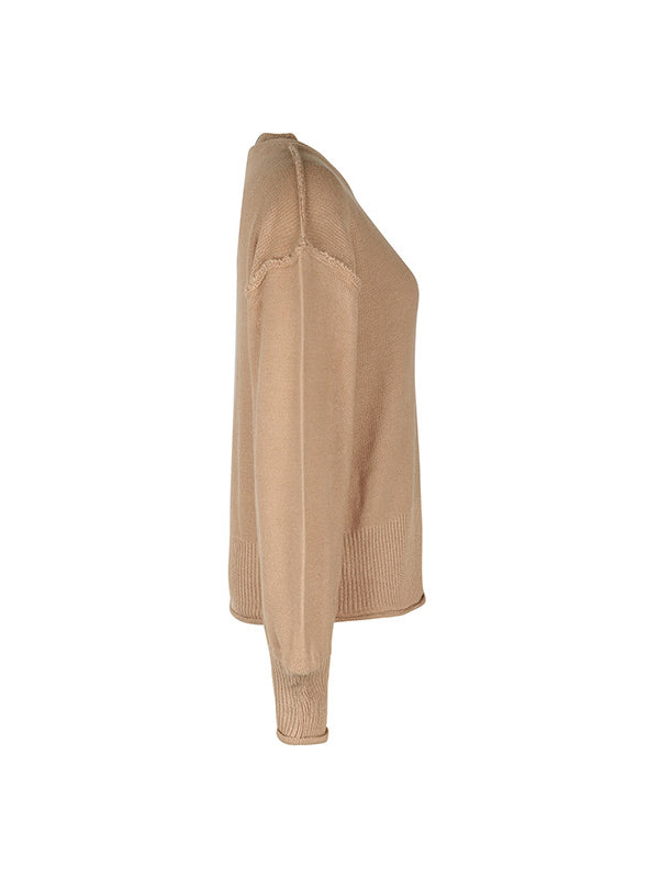 Pockets Solid Color Split-Joint Long Sleeves Loose Round-Neck Sweater Tops Pullovers