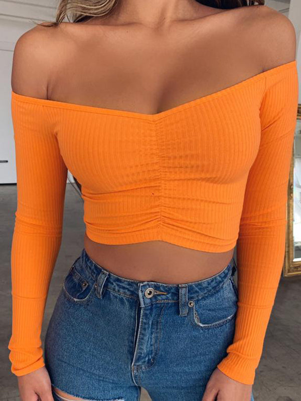 Solid Color Long Sleeves Skinny Off-The-Shoulder T-Shirts Tops