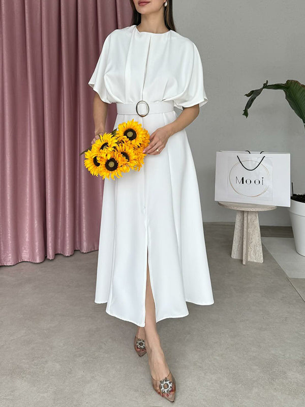 Loose Raglan Sleeve Pleated Split-Front Split-Joint Tied Waist Round-Neck Maxi Dresses