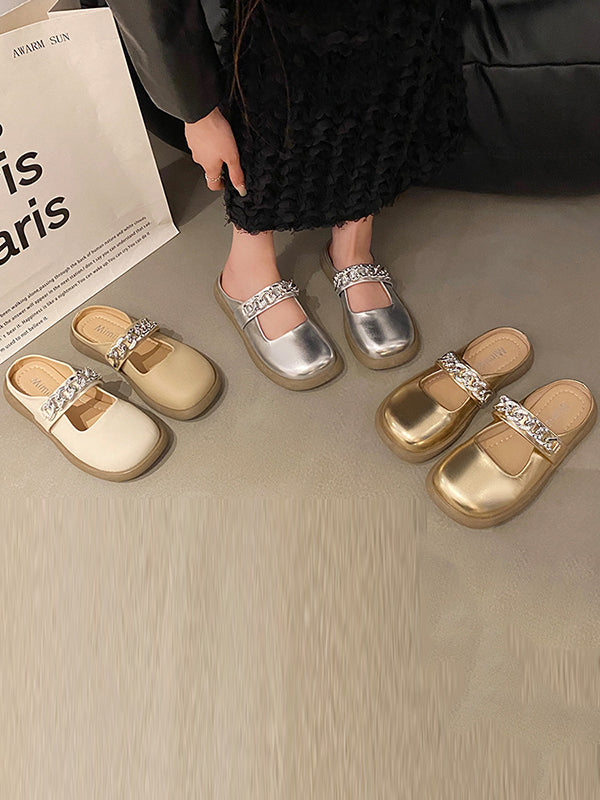 Chains Round-Toe Shallow Cut Split-Joint Slippers Mary Janes