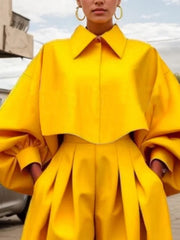 Buttoned Pleated Solid Color Long Sleeves Loose Lapel Blouses&Shirts Tops