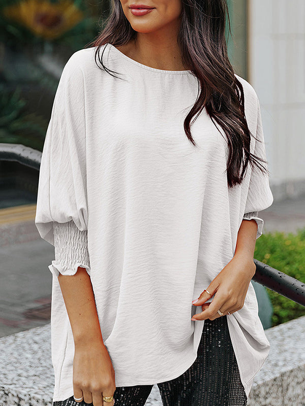 Elasticity Solid Color Split-Joint Half Sleeves Loose Round-Neck T-Shirts Tops