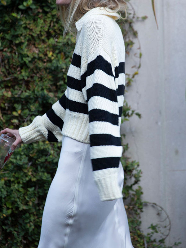 Contrast Color Striped Long Sleeves Loose Lapel Sweater