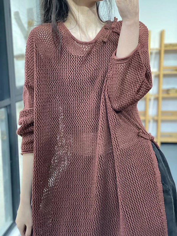 Asymmetric Hollow Split-side Long Sleeves Loose Round-neck Sweater Tops
