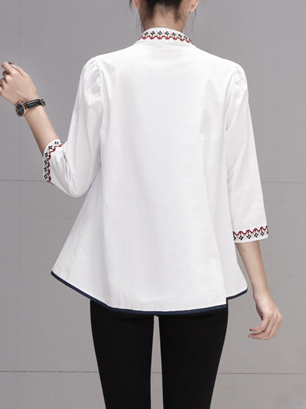 Buttoned Embroidered Loose Three-Quarter Sleeves Stand Collar Blouses&Shirts Tops
