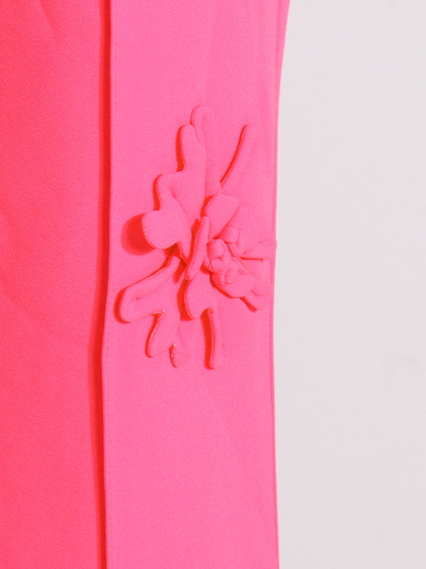 Flower-Embellished Solid Color Long Sleeves Lapel Outerwear Blazer