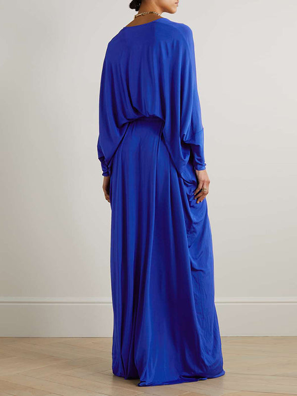 Batwing Sleeves Loose Solid Color V-Neck Maxi Dresses