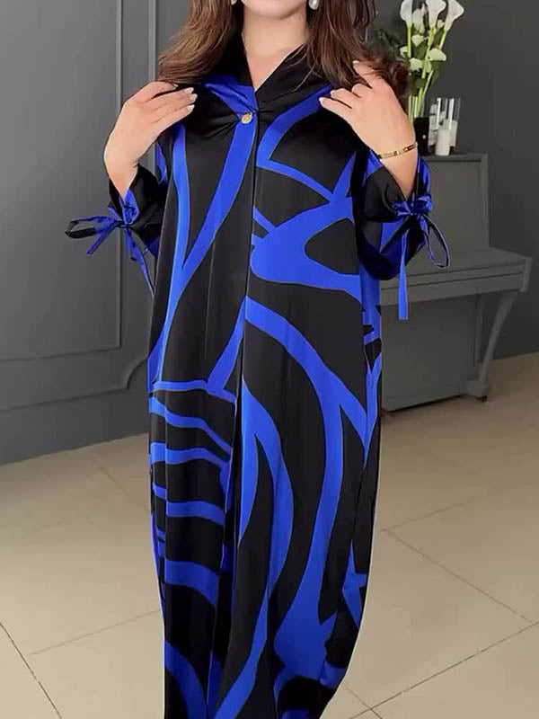Contrast Color A-line Long Sleeves V-neck Shirt Dress Maxi Dresses