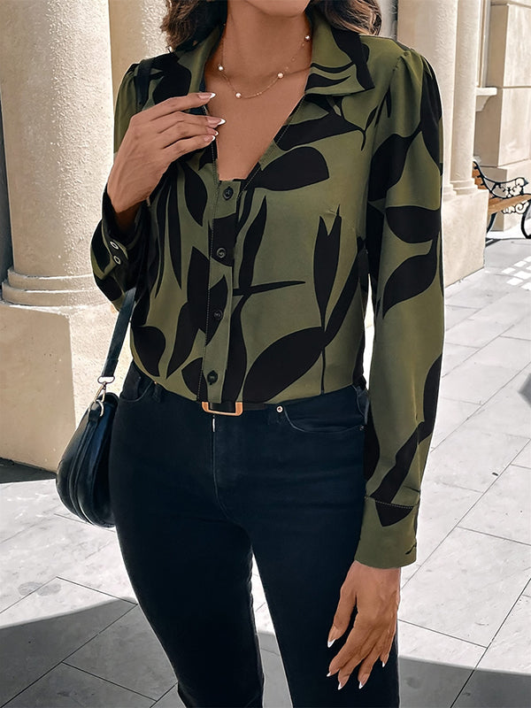 Buttoned Printed Long Sleeves Loose V-Neck Blouses&Shirts Tops